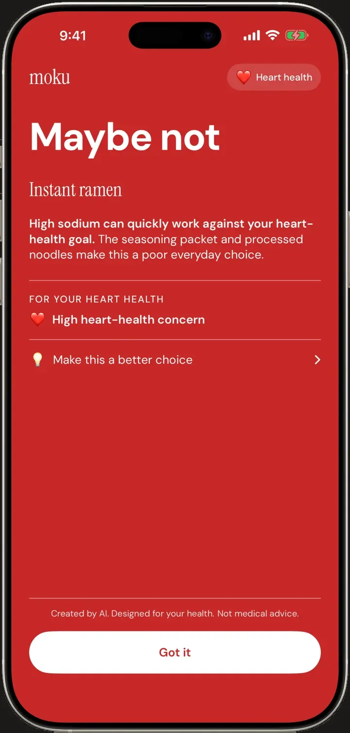 Heart health result: Maybe not, instant ramen, high heart-health concern.