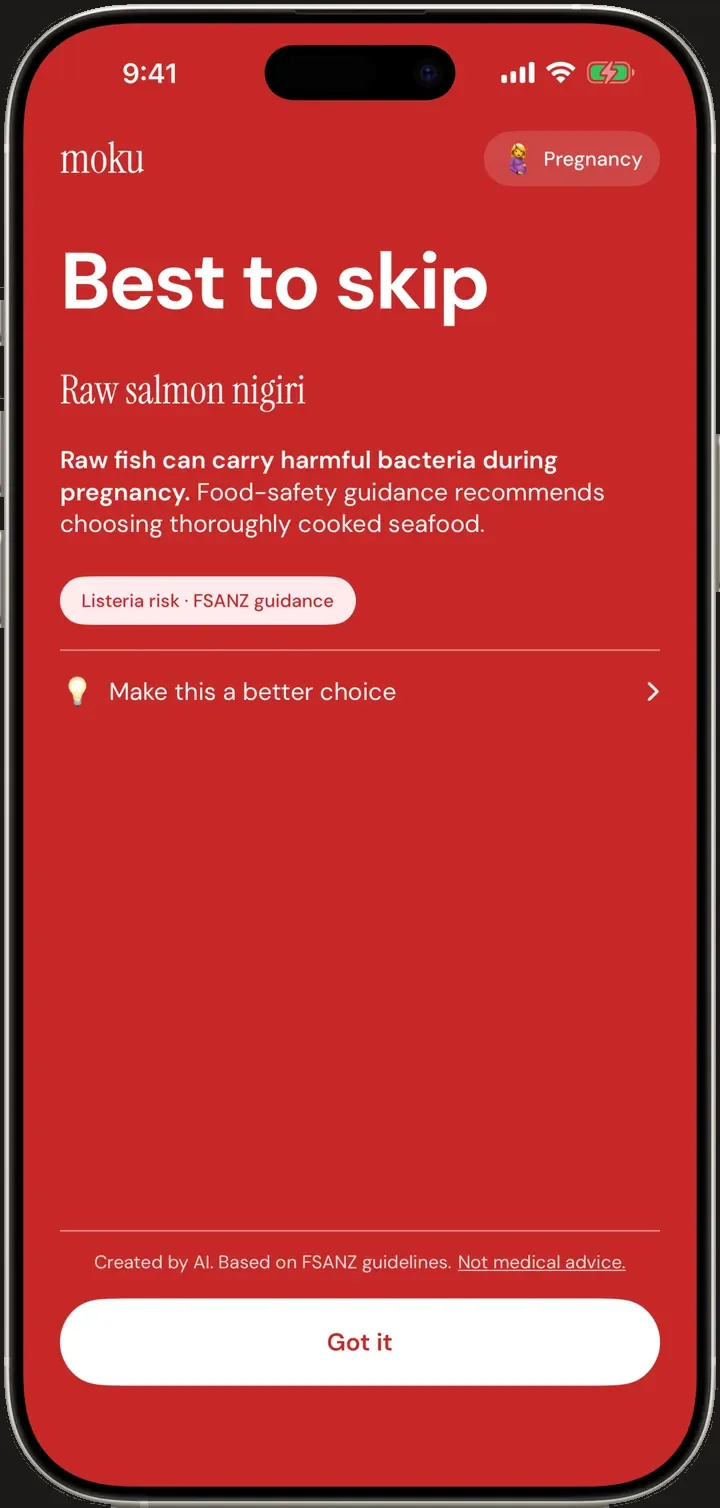 Best to skip — Raw salmon nigiri. Pregnancy goal, listeria risk, FSANZ guidance.