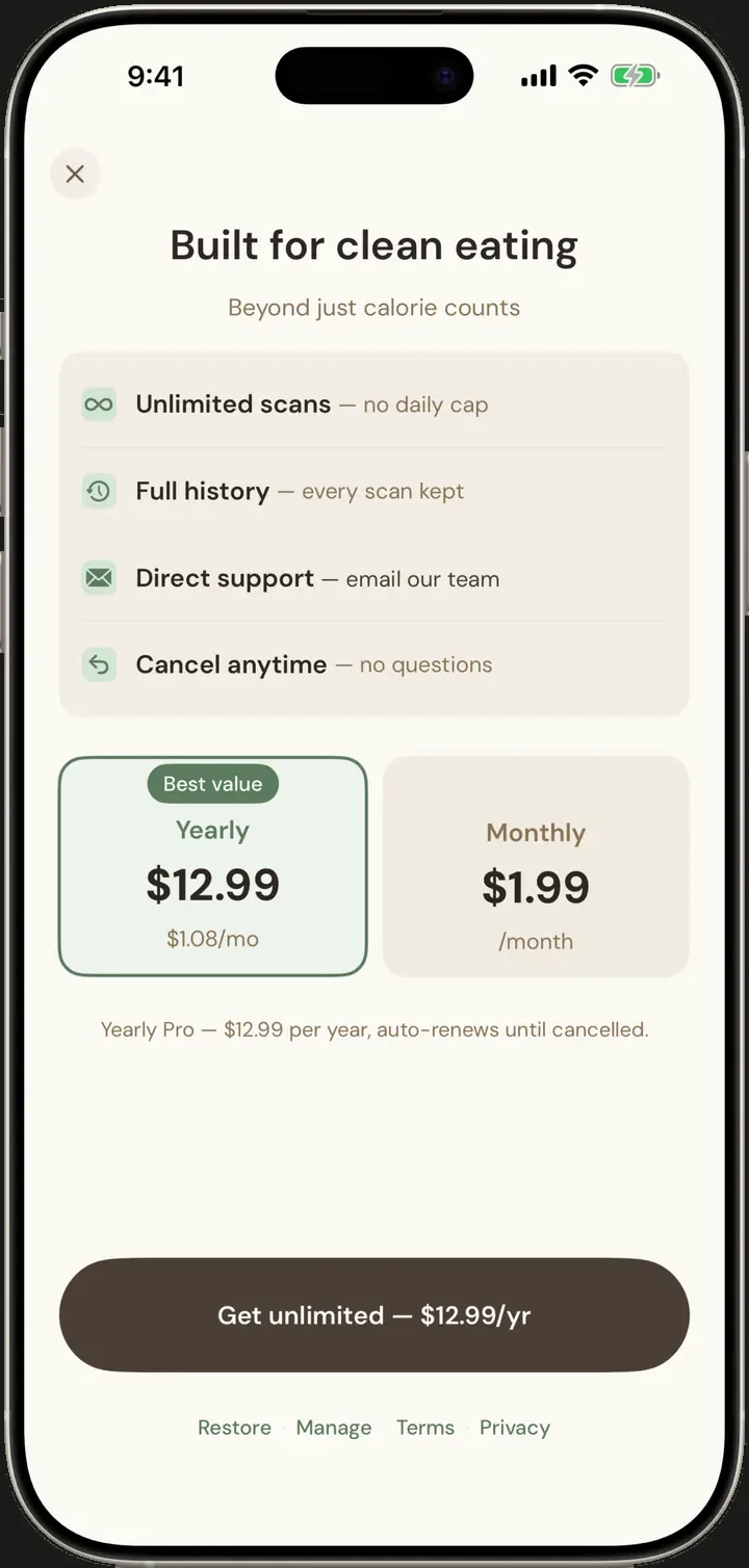 moku Pro paywall: Built for clean eating, unlimited scans, full history, support, and cancel anytime.